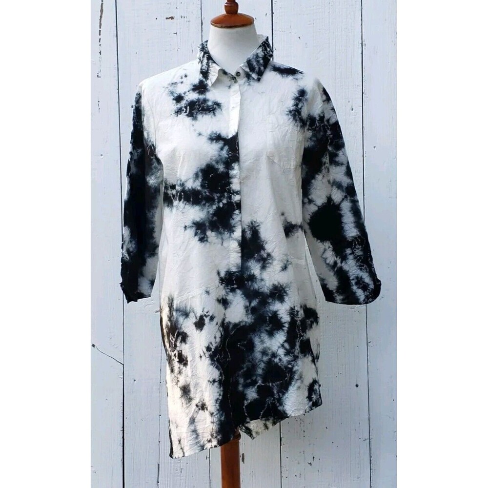XCVI Women White Tie Dye Collared Half Button 3/4 Sleeve Cotton Blend Tunic Sz M